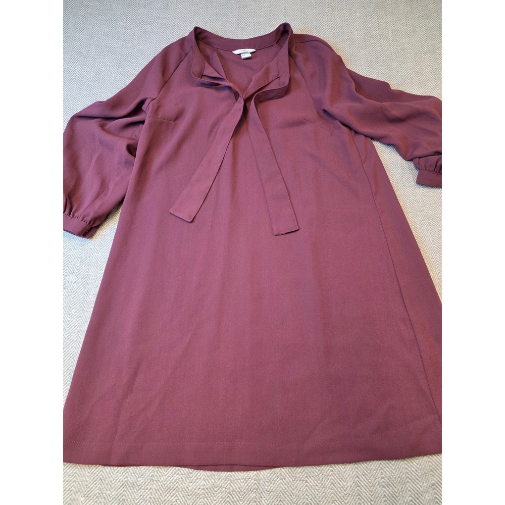 H&M Shift Dress Women's 10 Burgundy Office Professional Long Sleeve Tie Neck